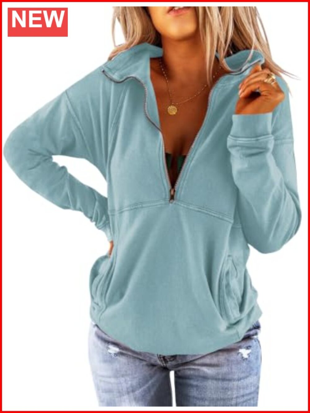 Women's Long Sleeve Half Zip Lapel Pullover Sweatshirt with Pocket
